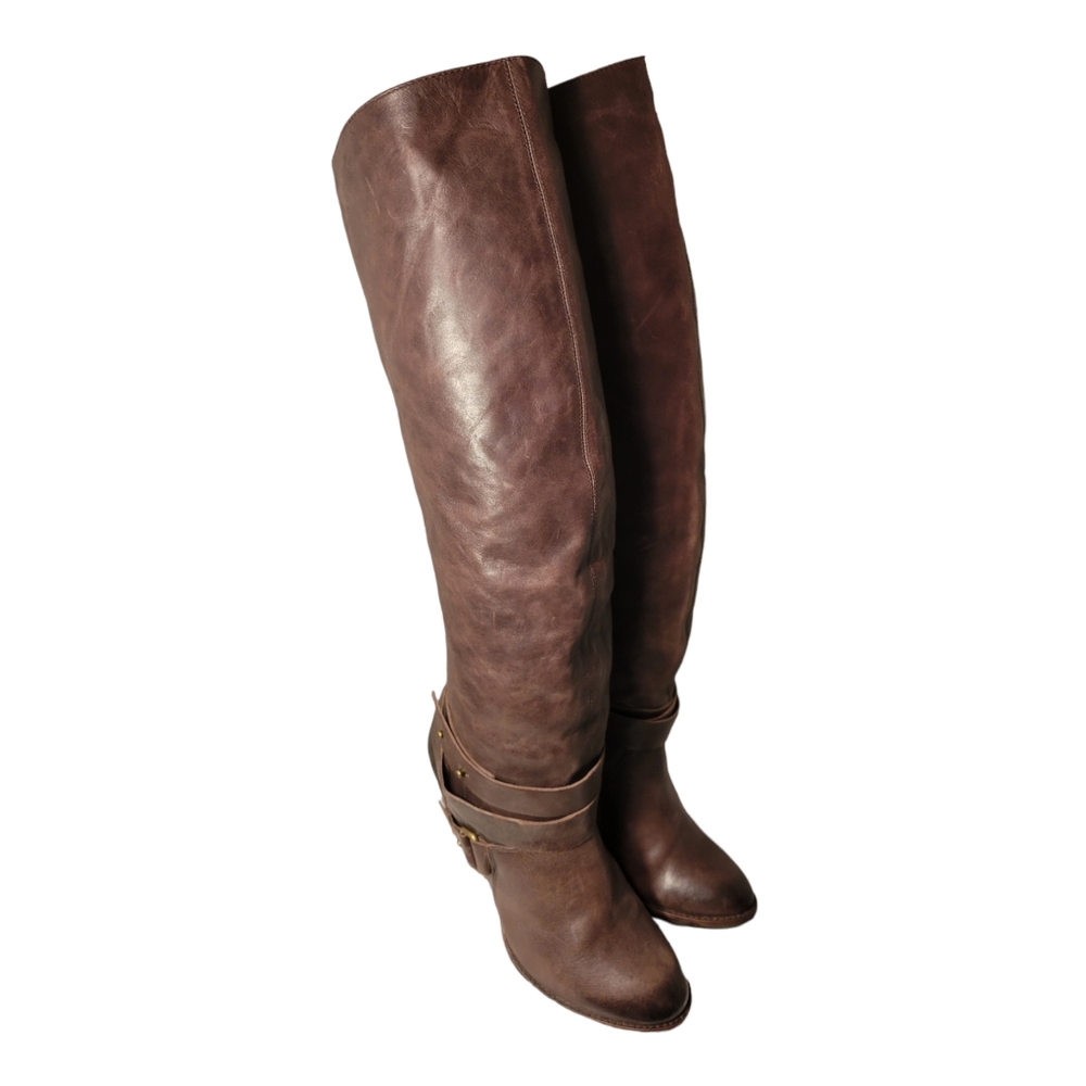 Fergie Varsity Riding Boots Womens Size 8 M Brown Leather Buckles Knee High